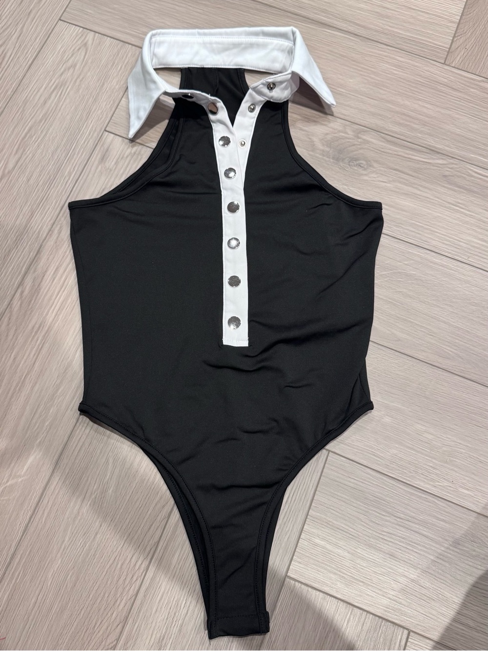 SHEIN Black and White Collared Snap-Front Bodysuit